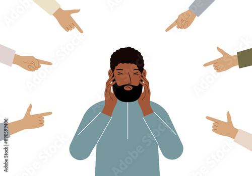 The concept of public condemnation, victim blaming and bullying. Crying depressed man. The fingers point at the character and hate him. Internet cyberbullying.