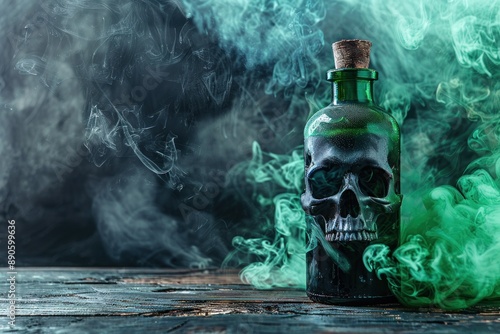 Bottle of poison with skull, green smoke on background