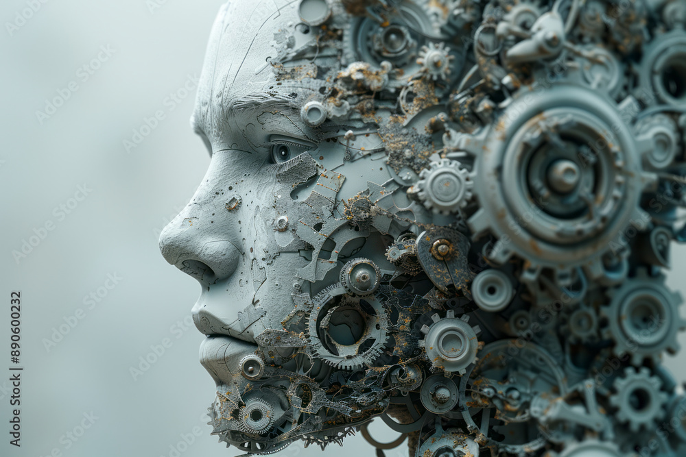 Surreal depiction of a metallic figure with its form transforming into gears and cogs, on a light gray background, Surreal depiction of a metallic figure with its form transforming into gears and cogs, on a light gray background,