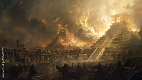 The fall of Babylon, with the city in ruins, and a divine judgment being pronounced.