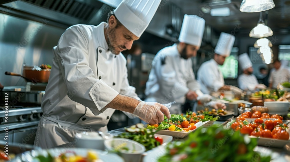 A chef is preparing food in a kitchen with other chefs A chef is preparing food in a kitchen with other chefs