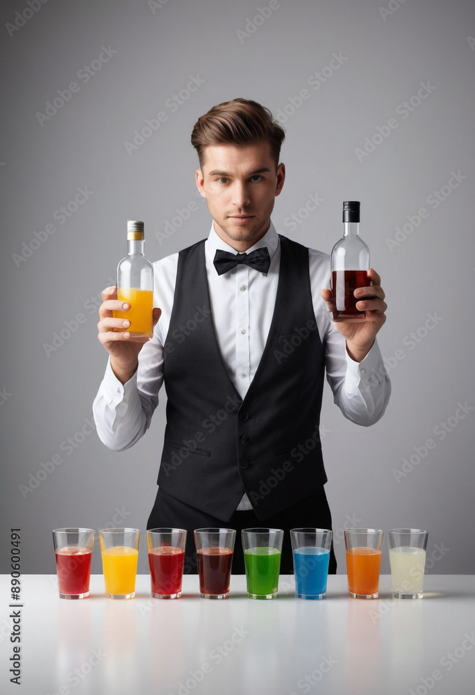  Bartender juggling bottles and cups while preparing a cocktail. 