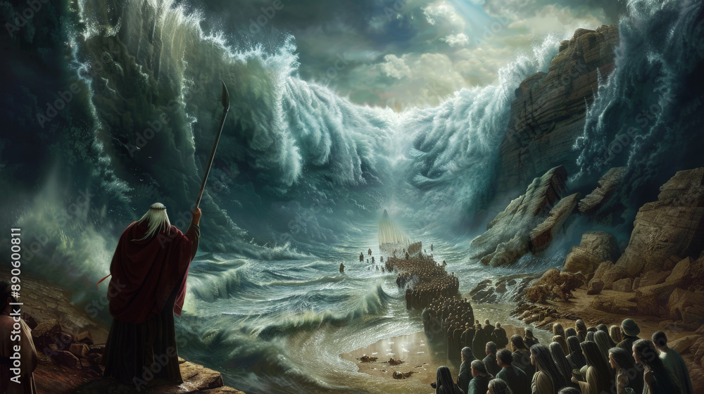 The parting of the Red Sea with towering walls of water on either side, and the Israelites crossing on dry ground, led by Moses holding his staff high.