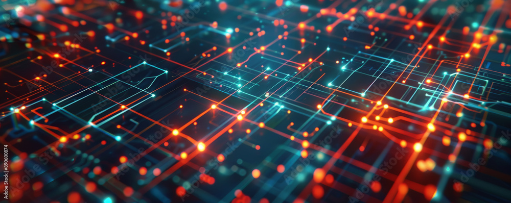 A high-tech illustration with a square grid, crisscrossing lines, and glowing dots, symbolizing the interconnectedness of modern technology.