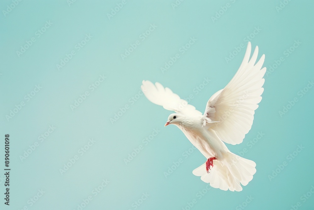 Obraz premium Flying white dove on a isolated blue background, peace and freedom symbol bird