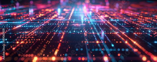 Digital technology illustration with a square grid, crisscrossing lines, and illuminated dots, symbolizing modern tech networks and data flow.