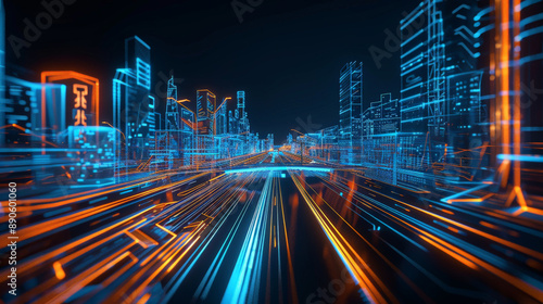 A high-tech urban scene with neon blue and orange lines outlining modern buildings and intricate road networks. The bright lines stand out against a dark digital background.