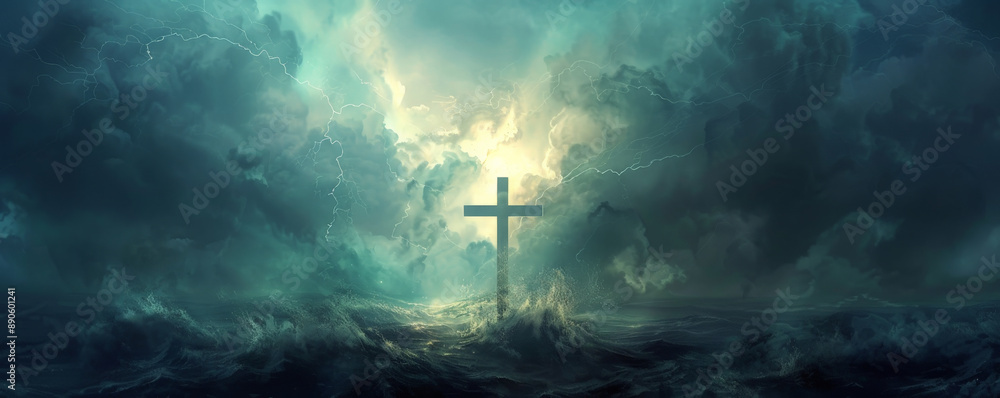 Fototapeta premium A powerful image of the Crucifixion, with an abstract cross against a stormy, darkened sky, and light rays breaking through, symbolizing redemption.