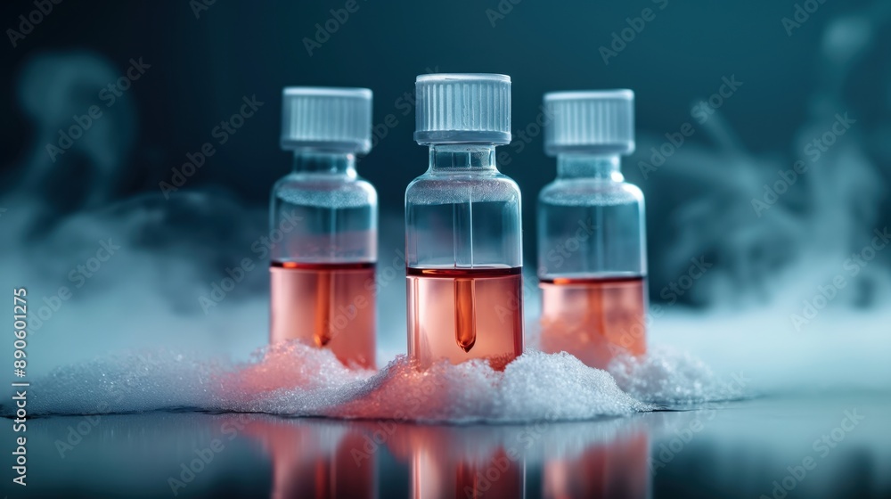 Three small vials filled with a red liquid, surrounded by fog and ice, representing laboratory or medical research in a cold environment. Three small vials filled with a red liquid, surrounded by fog and ice, representing laboratory or medical research in a cold environment.