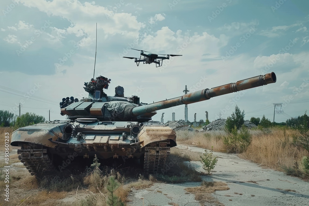 FPV drone flies up to the tank in motion FPV drone flies up to the tank in motion