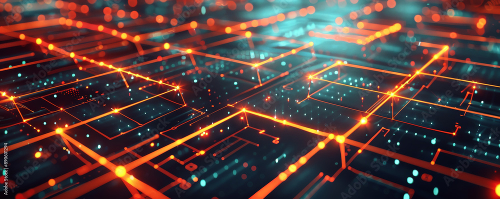 A detailed modern tech illustration with a square grid pattern, intersecting lines, and glowing dots, emphasizing digital networks and technological complexity. A detailed modern tech illustration with a square grid pattern, intersecting lines, and glowing dots, emphasizing digital networks and technological complexity.