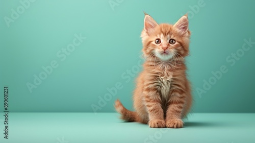 Orange tabby cat on green background.