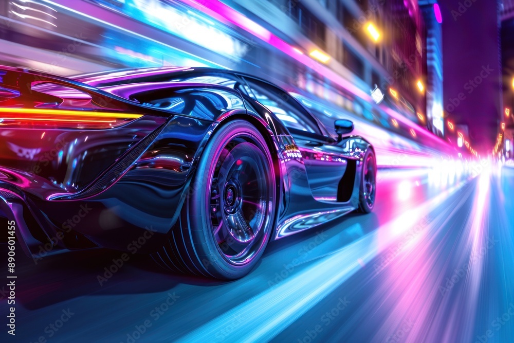 Futuristic clean energy car driving fast with colorful light trails Futuristic clean energy car driving fast with colorful light trails