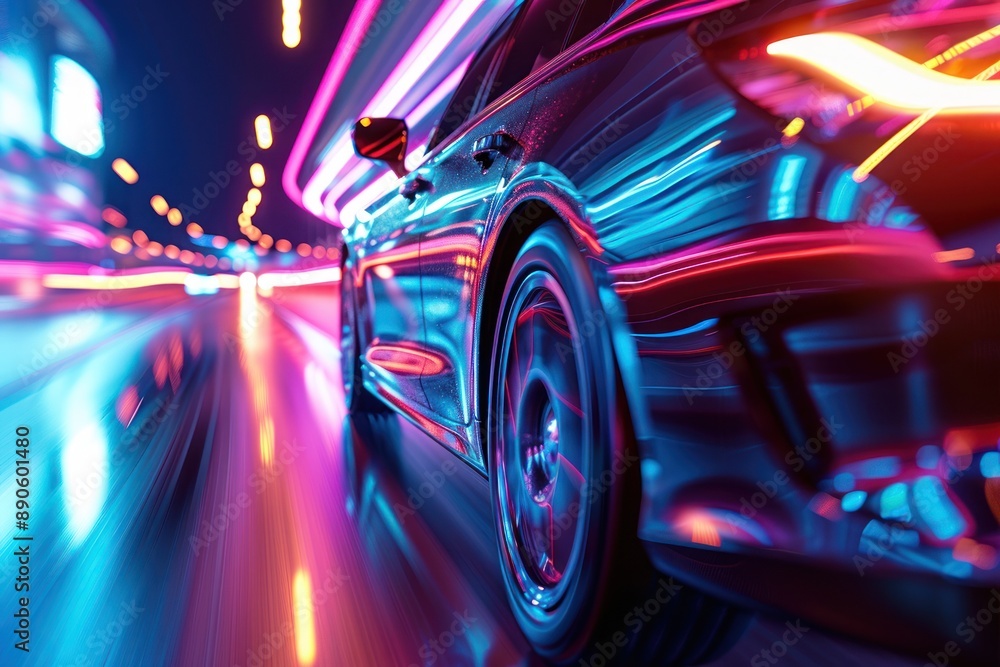 Futuristic clean energy car driving fast with colorful light trails Futuristic clean energy car driving fast with colorful light trails