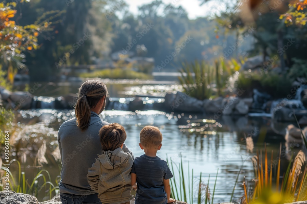 A Family Enjoying a Tranquil Afternoon by a Pond A Family Enjoying a Tranquil Afternoon by a Pond