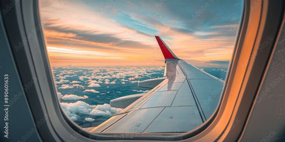 Naklejka premium Airplane Wing View at Sunset