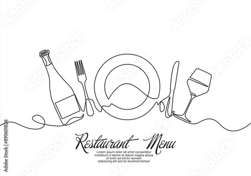 Continuous one line drawing of plate, fork, knife, bottle of wine and glass. Menu food design. Vector illustration.