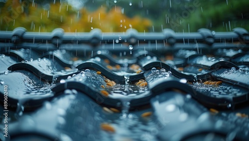 Close-up of rain pouring down on the eaves
