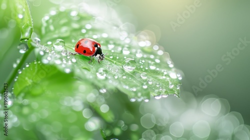 A vibrant red ladybug perched on a green leaf covered in dewdrops, illuminated by soft morning light, creating a serene nature scene.