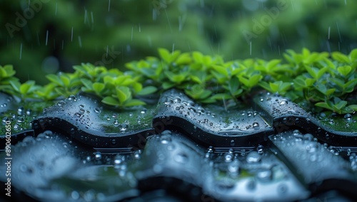 Close-up of rain pouring down on the eaves