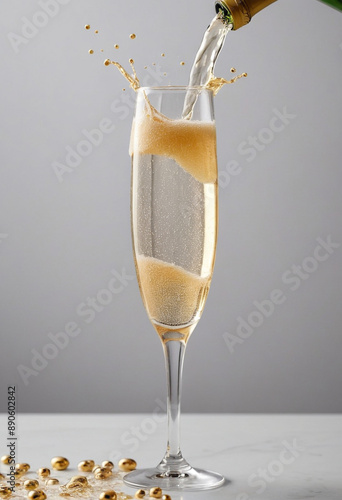  Gold-rimmed champagne flute overflowing with bubbly champagne.  photo