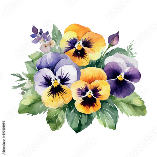 Vector beautiful watercolor bouquet with pink, purple and violet pansy