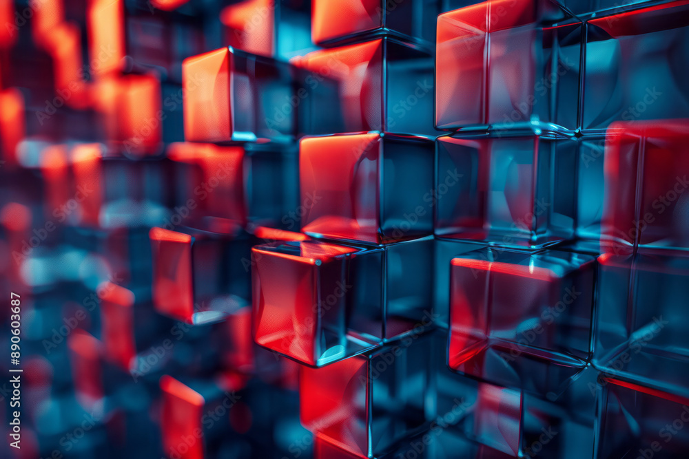 Abstract geometric pattern featuring blue cubes with red highlights, creating a balanced and eye-catching composition, Abstract geometric pattern featuring blue cubes with red highlights, creating a balanced and eye-catching composition,