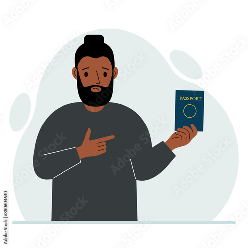 A man holds a passport in his hand for verification. The concept of user control.