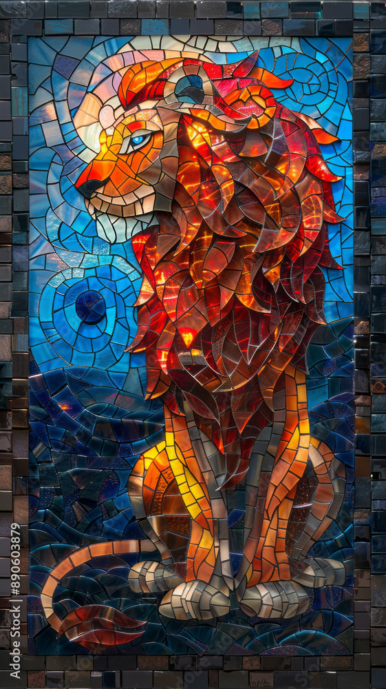 a stained glass art style, mosaic glass design of a lion, landscape of a red panda,fantasy artwork.generative ai