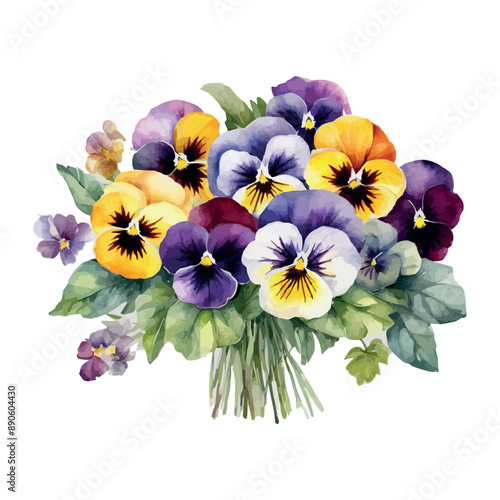 Vector beautiful watercolor bouquet with pink, purple and violet pansy