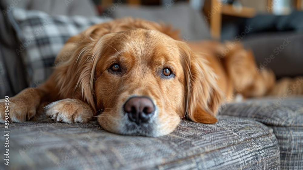 A golden retriever lies on the sofa in the living room.generative ai A golden retriever lies on the sofa in the living room.generative ai