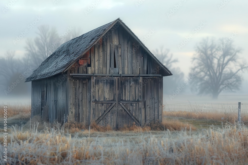 A weathered wooden barn stands alone in a misty field, with frost covering the ground. The sky is overcast, adding to the sense of solitude. A weathered wooden barn stands alone in a misty field, with frost covering the ground. The sky is overcast, adding to the sense of solitude.