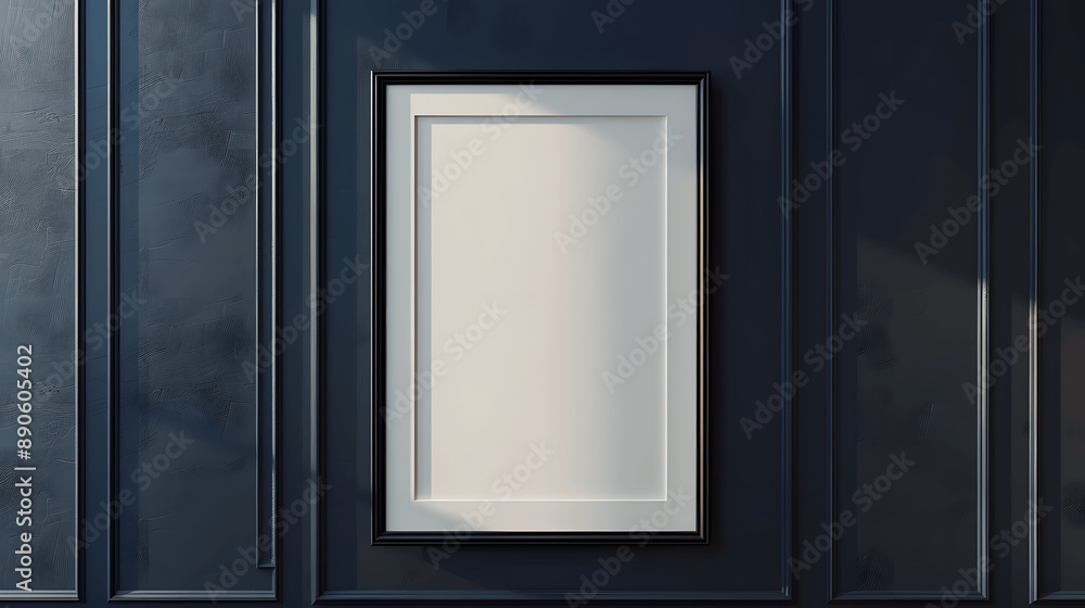 Black frame mockup with blank canvas on a dark blue wall, elegant decor, iso A paper size, framed wall poster template, front perspective Black frame mockup with blank canvas on a dark blue wall, elegant decor, iso A paper size, framed wall poster template, front perspective