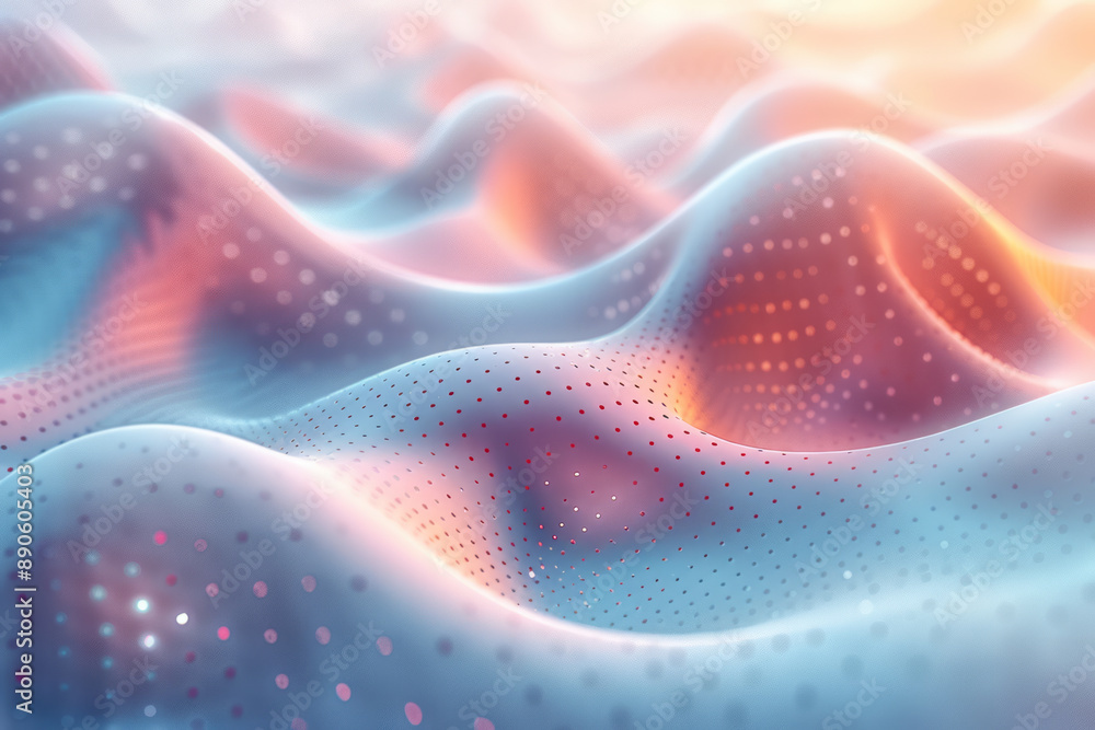 A minimalist abstract design featuring a wavy perforated surface with a soft pink to blue gradient, set against a light gray background, A minimalist abstract design featuring a wavy perforated surface with a soft pink to blue gradient, set against a light gray background,