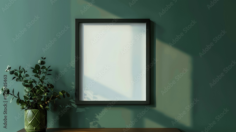 Fototapeta premium Black frame mockup with blank canvas on a dark green wall, sophisticated decor, iso A paper size, framed wall poster template, front perspective