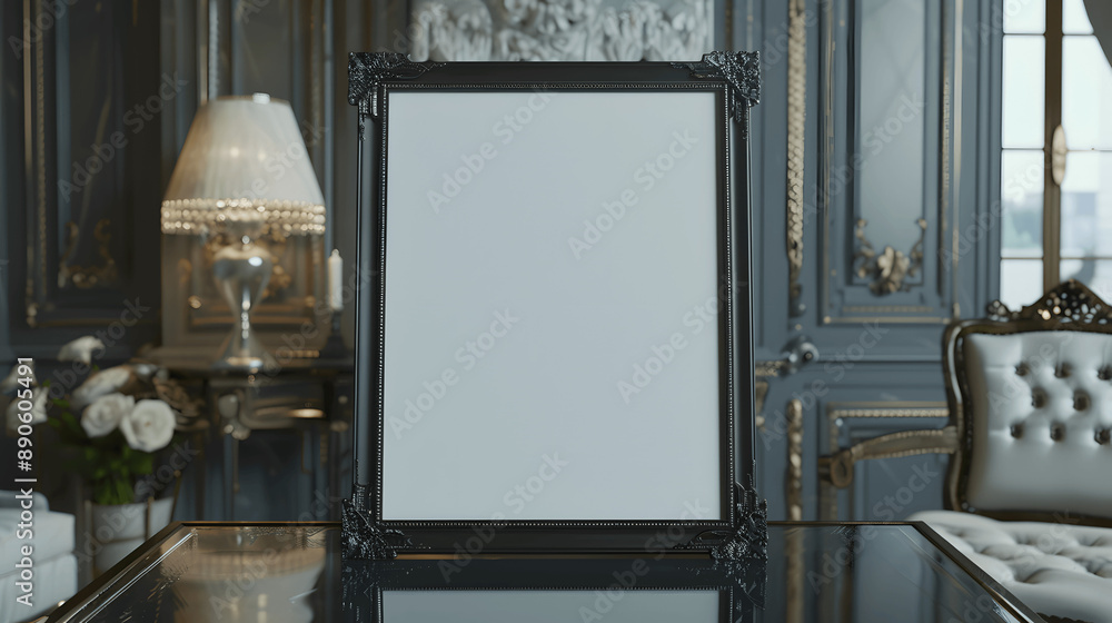 Black frame mockup with blank canvas on a glass table, luxurious setting, iso A paper size, framed wall poster template, front perspective Black frame mockup with blank canvas on a glass table, luxurious setting, iso A paper size, framed wall poster template, front perspective