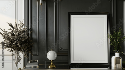 Black frame mockup with blank canvas on a glass table, luxurious setting, iso A paper size, framed wall poster template, front perspective photo