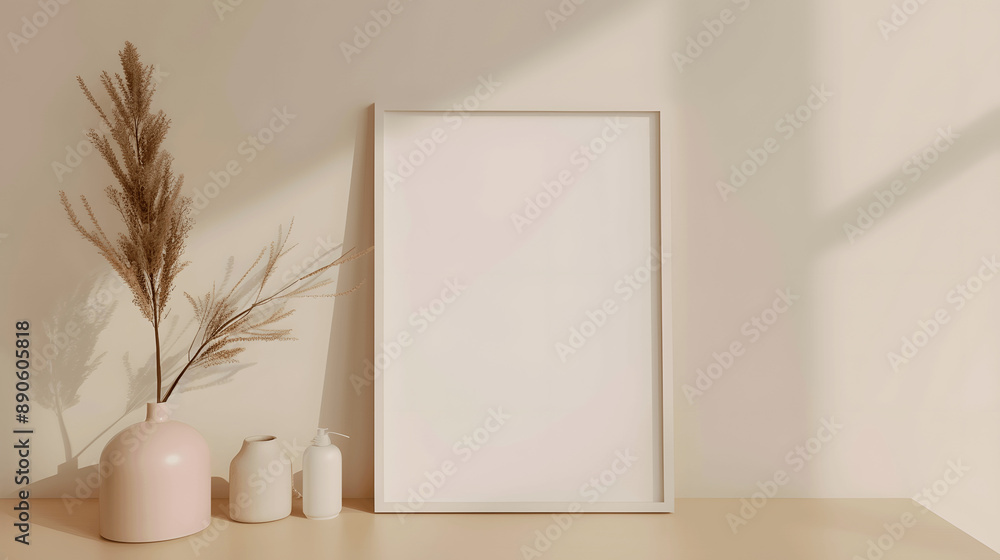 White frame mockup with blank canvas on a beige wall, subtle decor, iso A paper size, framed wall poster template, front perspective White frame mockup with blank canvas on a beige wall, subtle decor, iso A paper size, framed wall poster template, front perspective