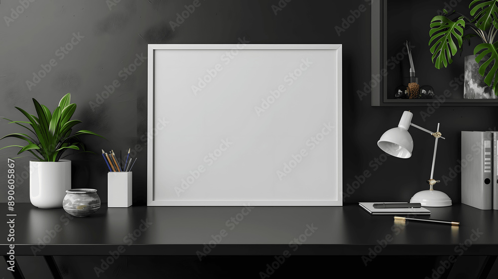 White frame mockup with blank canvas on a black desk, modern office, iso A paper size, framed wall poster template, front perspective White frame mockup with blank canvas on a black desk, modern office, iso A paper size, framed wall poster template, front perspective