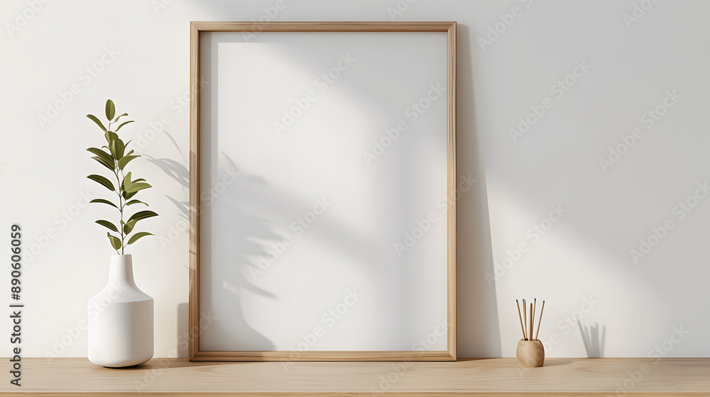 White frame mockup with blank canvas on a light wood shelf, Scandinavian interior, iso A paper size, framed wall poster template, front perspective White frame mockup with blank canvas on a light wood shelf, Scandinavian interior, iso A paper size, framed wall poster template, front perspective