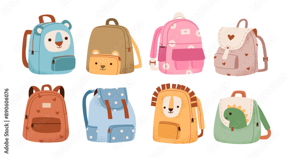 School backpacks set isolated on white background. Cute schoolbags for kids. Flat vector illustration School backpacks set isolated on white background. Cute schoolbags for kids. Flat vector illustration
