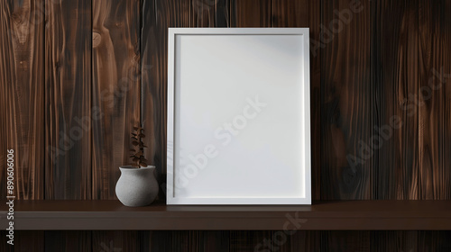 White frame mockup with blank canvas on a dark wood shelf, classic style, iso A paper size, framed wall poster template, front perspective