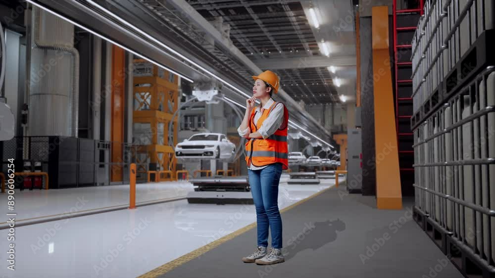 Full Body Side View Of Asian Female Engineer With Safety Helmet Thinking About Something And Looking Around While Standing In EV Car Factory Full Body Side View Of Asian Female Engineer With Safety Helmet Thinking About Something And Looking Around While Standing In EV Car Factory