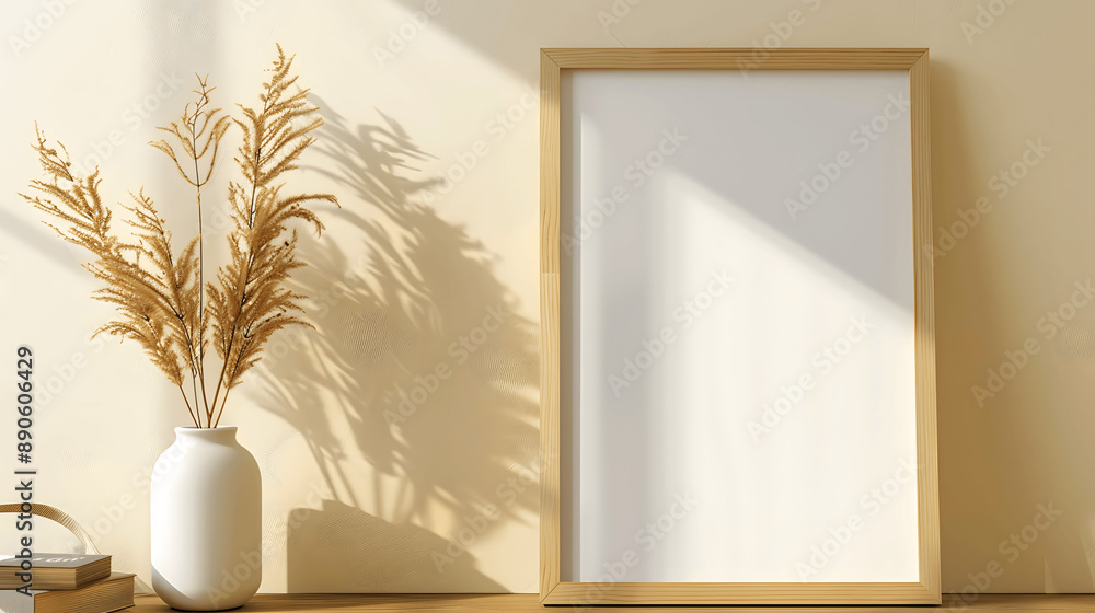 Wooden frame mockup with blank canvas on a beige wall, cozy style, iso A paper size, framed wall poster template, front perspective Wooden frame mockup with blank canvas on a beige wall, cozy style, iso A paper size, framed wall poster template, front perspective