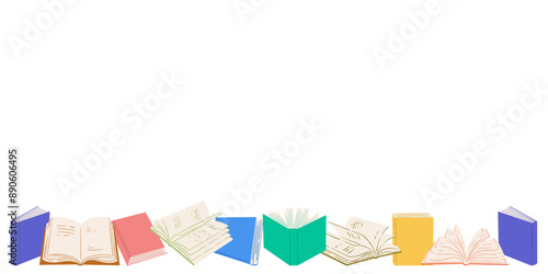 Colorful books placed in a line on a white background. Vector illustration for decoration.
