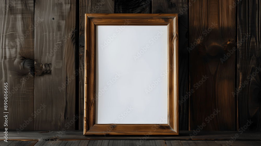 Wooden frame mockup with blank canvas on a dark wood table, classic design, iso A paper size, framed wall poster template, front perspective Wooden frame mockup with blank canvas on a dark wood table, classic design, iso A paper size, framed wall poster template, front perspective