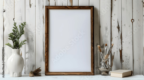 Wooden frame mockup with blank canvas on a vintage white table, retro style, iso A paper size, framed wall poster template, front perspective