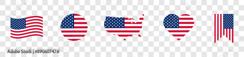 USA flag icons vector set. United States of America flat badges .Flag of usa vector flat symbol collection .USA flag labels set. Set of American flag icons isolated on transparent background.