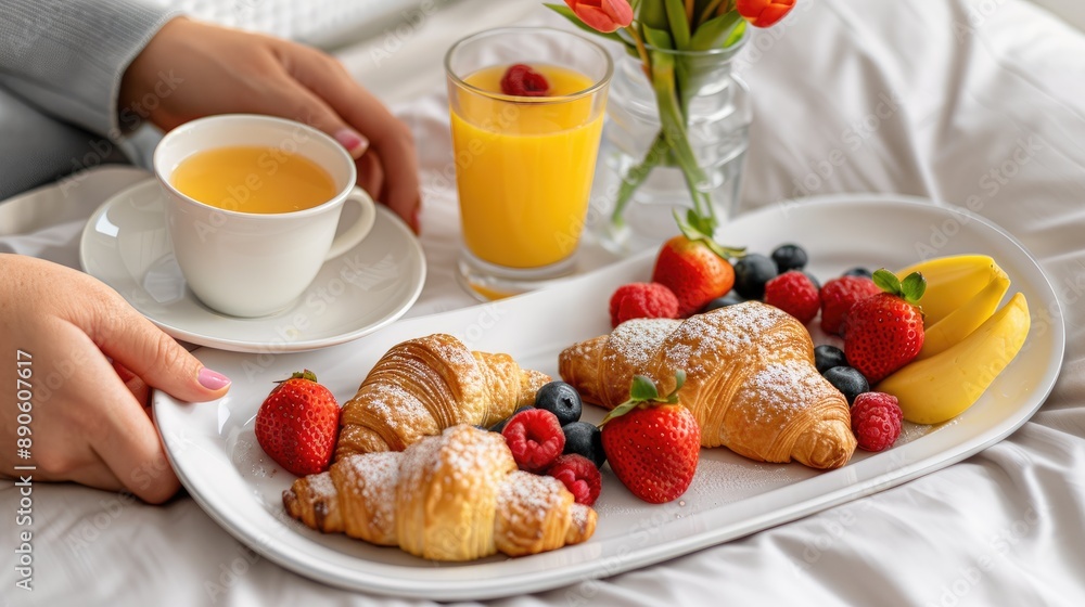 A wooden tray with croissants, orange juice, and fruit is set on a bed in a modern bedroom A wooden tray with croissants, orange juice, and fruit is set on a bed in a modern bedroom