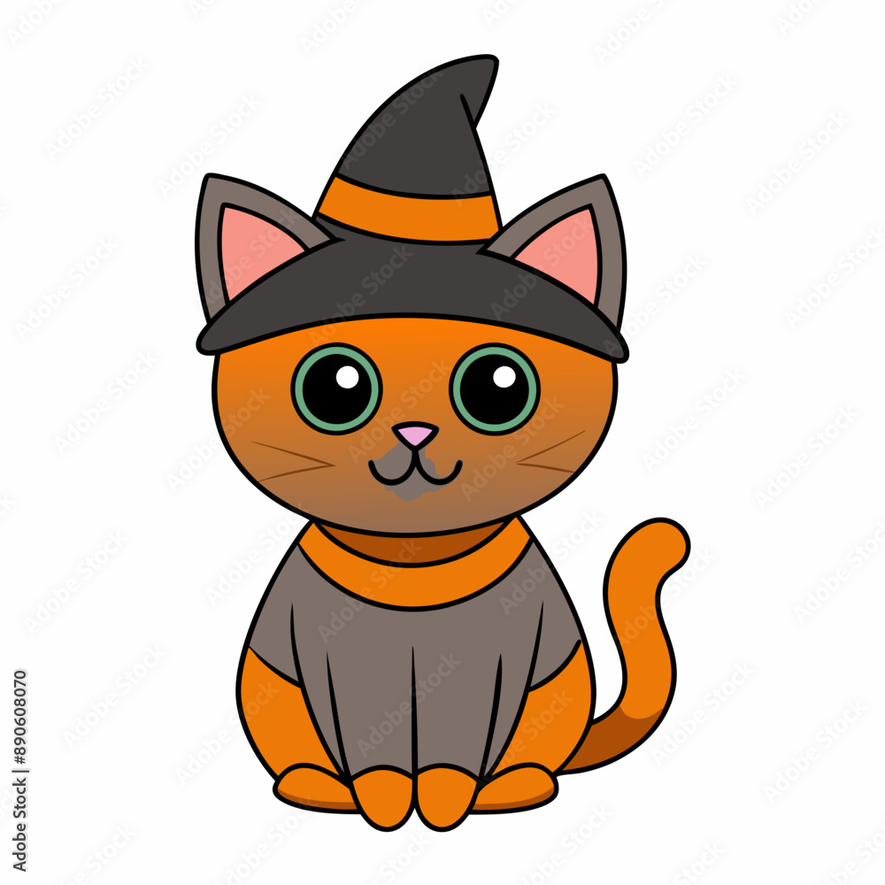 Adorable Halloween cat in a pumpkin with witch hat vector illustration featuring festive elements and a white background Adorable Halloween cat in a pumpkin with witch hat vector illustration featuring festive elements and a white background